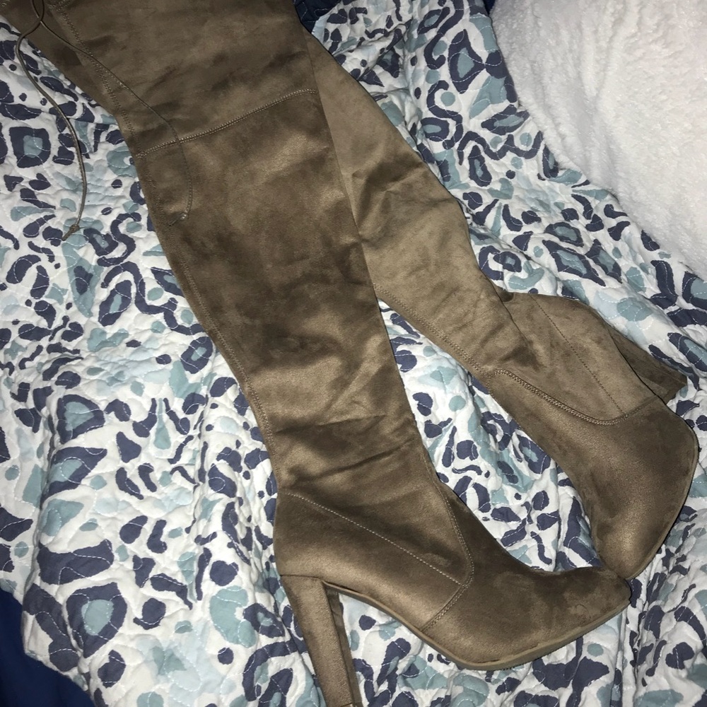 Tan Thigh-High Heeled Boots